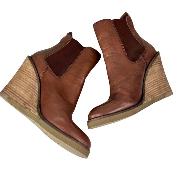 Lucky Brand Fedora Brown Leather Wedge Ankle Boots Booties 6.5 - Picture 4 of 11